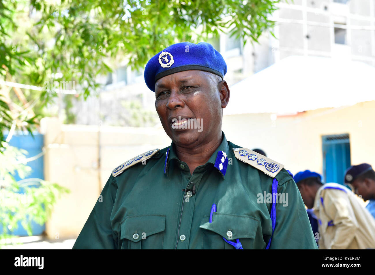 Gen. Ahmed Hassan Maalim, the Somali Police Force (SPF) Banadir region Police Commissioner speaks during a ceremony in which the African Union Mission in Somalia (AMISOM) Police Component handed over office equipment to the Somali Police Force in Mogadishu, Somalia on September 18, 2017. AMISOM Photo / Atulinda Allan Stock Photo
