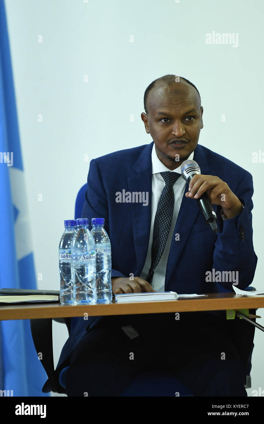 Mahdi Mohamed Guled, the Deputy Prime Minister of Somalia, speaks during the opening of a Joint AMISOM and Federal Government of Somalia (FGS) conference in Mogadishu, Somalia, on July 24, 2017. AMISOM Photo/ Omar Abdisalan Stock Photo