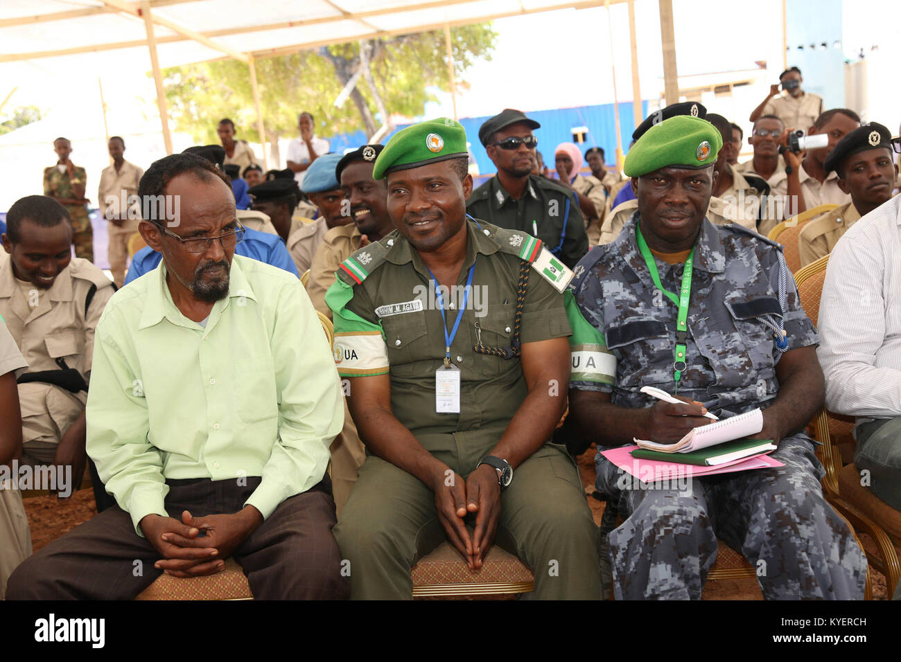 AMISOM and Jubbaland police officers attend the handover ceremony of a renovated police station to Jubbaland State officials in Kismayo, Somalia on October 9, 2017. UN Photo Stock Photo