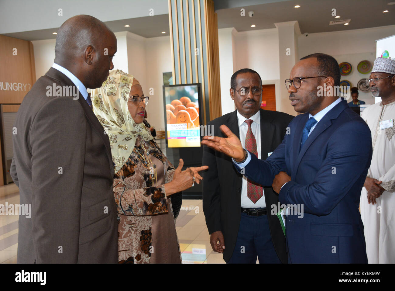 The Republic of Rwanda's Minister of State for Local Government Responsible for Socio-Economic Development Cyriaque Harelimana (right) interacts with the Chairperson of the National Independent Electoral Commission (NIEC) of Somalia, Ms. Halima Ismail Ibrahim (second from left), Dr. Dahir Jibreel, the NIEC Secretary-General (third), meet Mr. Serge Kubwimana (left), the United Nations Senior Political/Election Affairs Officer in the Electoral Assistance Division. This was on the sidelines of the 4th Annual Continental Forum on Election Management Bodies organized by the African Union Commission Stock Photo
