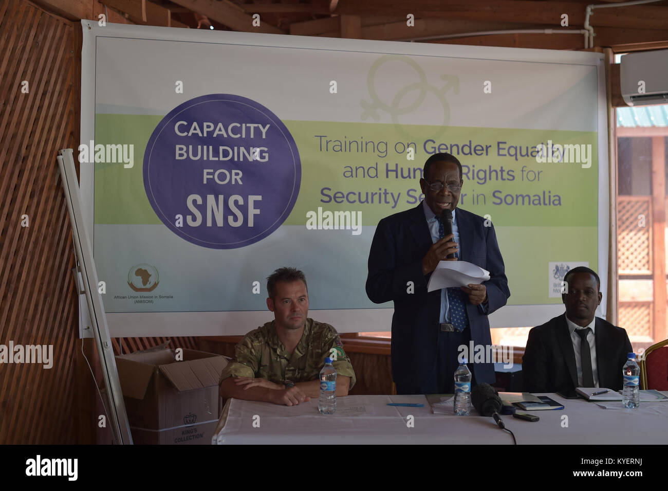 AMISOM Head of Mission and SRCC Ambasdsador Francisco Madiera speaks at the opening of the Security Sector Gender Training Workshop for SNSF, FGS, and FMS forces in Mogadishu, Somalia, on November 22, 2017. AMISOM Photo Stock Photo
