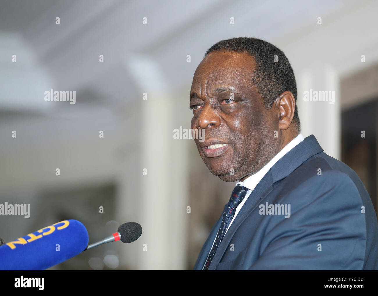 Ambassador Francisco Madeira, the Special Representative of the Chairperson of the African Union Commission (SRCC) for Somalia, addresses journalists at a media briefing held in Nairobi, Kenya on December 21, 2017. The SRCC Spoke about recent developments on the security front in Somalia and the ongoing transition of national security responsibility from AMISOM to Somali National Security Forces. AMISOM Photo Stock Photo