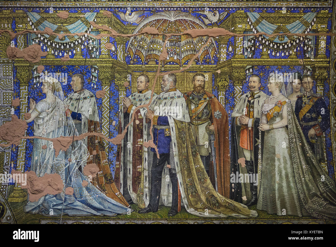 Hohenzollern royal family depicted in the mosaic designed by German painter Hermann Schaper (1905-1906) inside the Kaiser Wilhelm Memorial Church (Kaiser-Wilhelm-Gedächtniskirche) in Berlin, Germany. Members of the House of Hohenzollern are depicted from left to right: Queen Louise and King Friedrich Wilhelm III of Prussia, King Friedrich Wilhelm IV of Prussia, German Emperor Wilhelm I, German Emperor Friedrich III, who reigned 90 days only in 1888, German Emperor Wilhelm II and his spouse Empress Augusta Victoria, German Crown Prince Wilhelm and his spouse Duchess Cecilie. Stock Photo