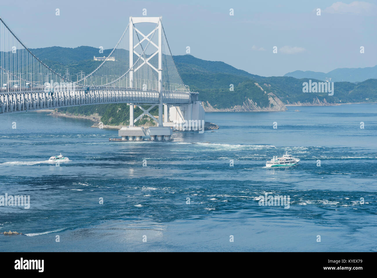 Onaruto Bridge view from Naruto City, Tokushima Prefecture, Japan. Here is famous for Uzushio ( Whirlpools in Japanese). Stock Photo