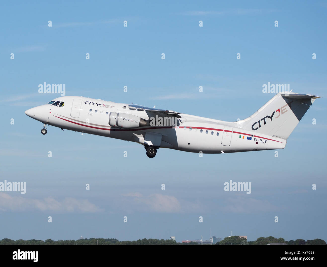 A British Aerospace Avro RJ85 aircraft, registered EI-RJY, taking off ...