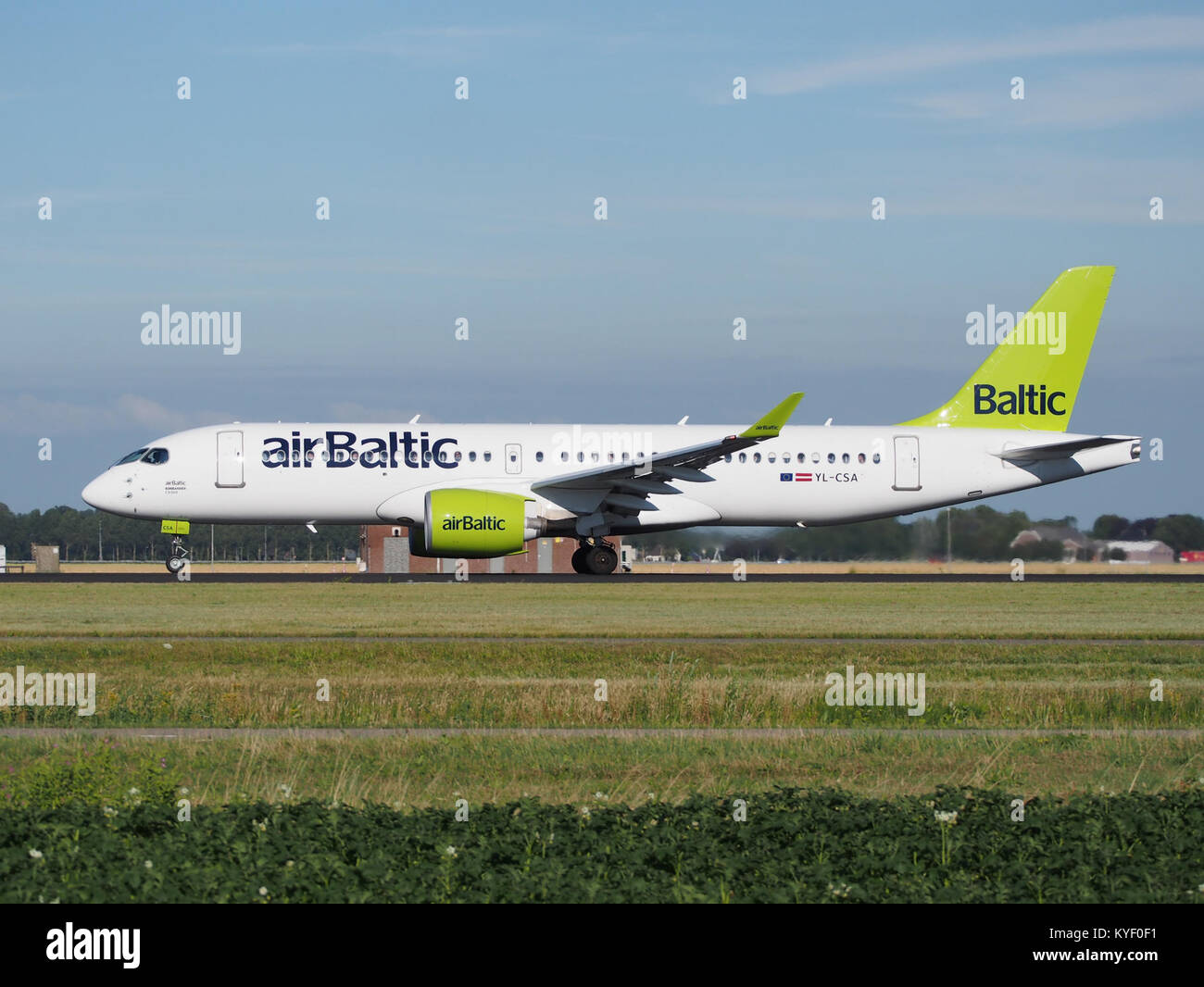 YL-CSA AirBaltic CS300 Bombardier takeoff from Schiphol (AMS - EHAM), The Netherlands pic2 Stock Photo