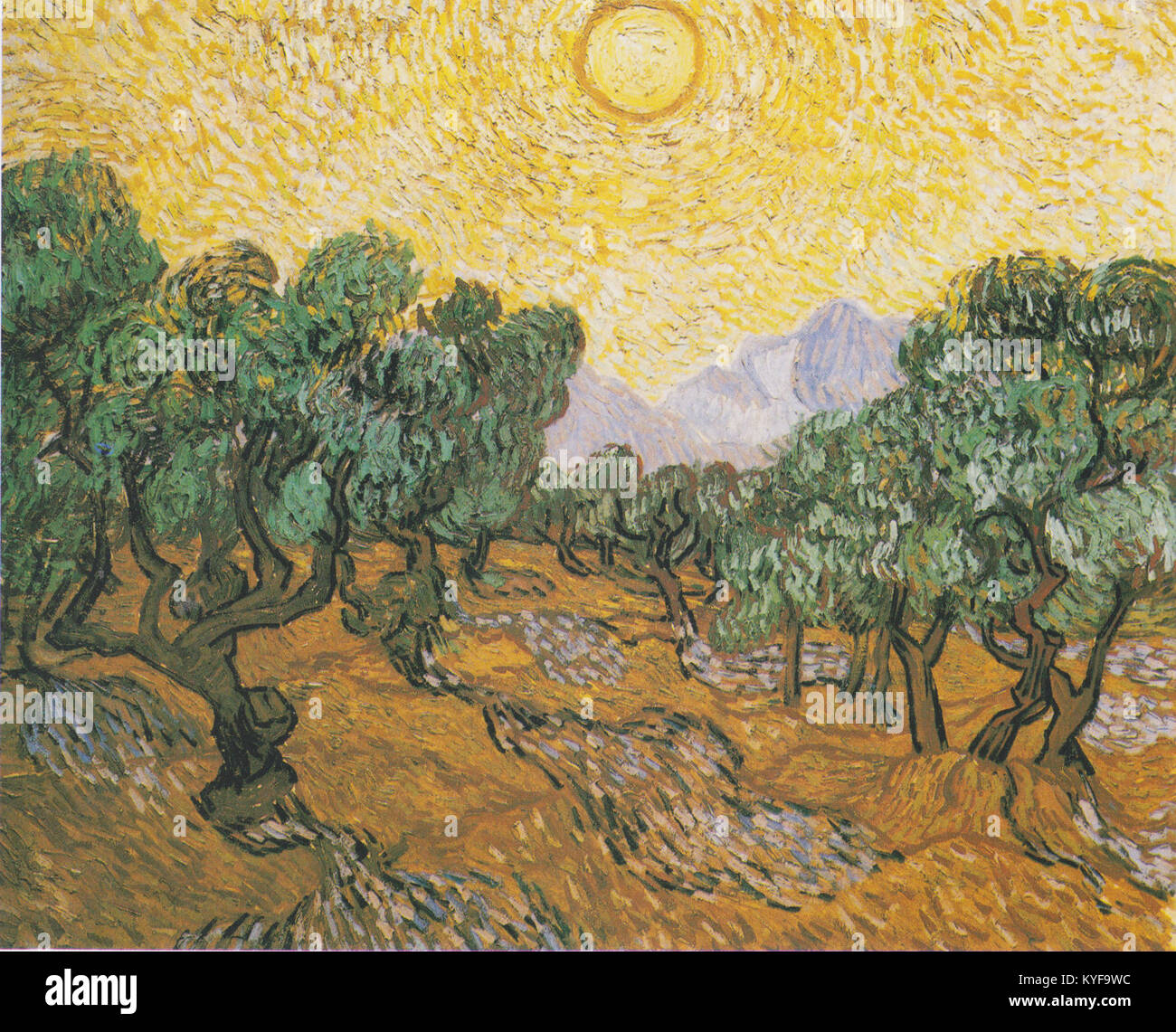 Van Gogh - Olivenbäume mit gelbem Himmel und Sonne Stock Photo