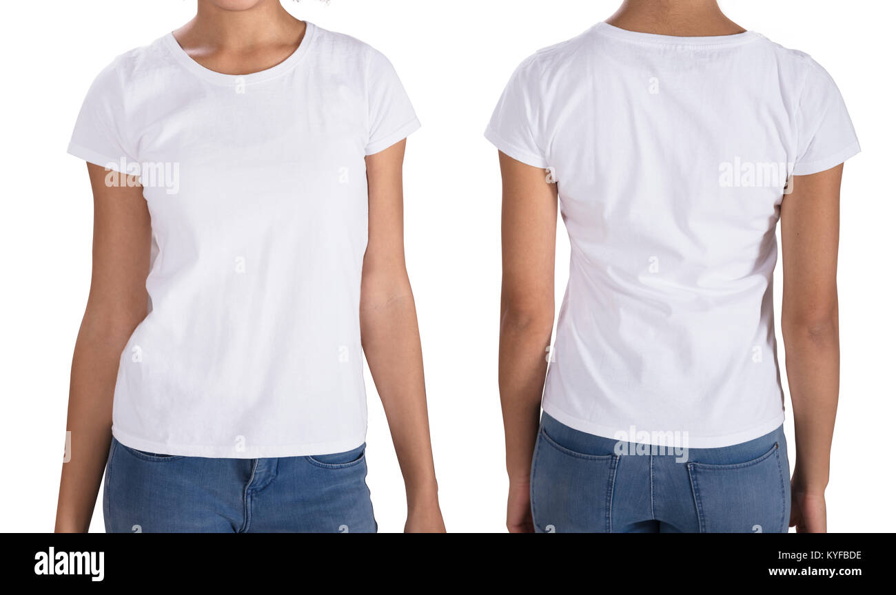 Young Woman Wearing T-Shirt Standing On White Background Stock Photo