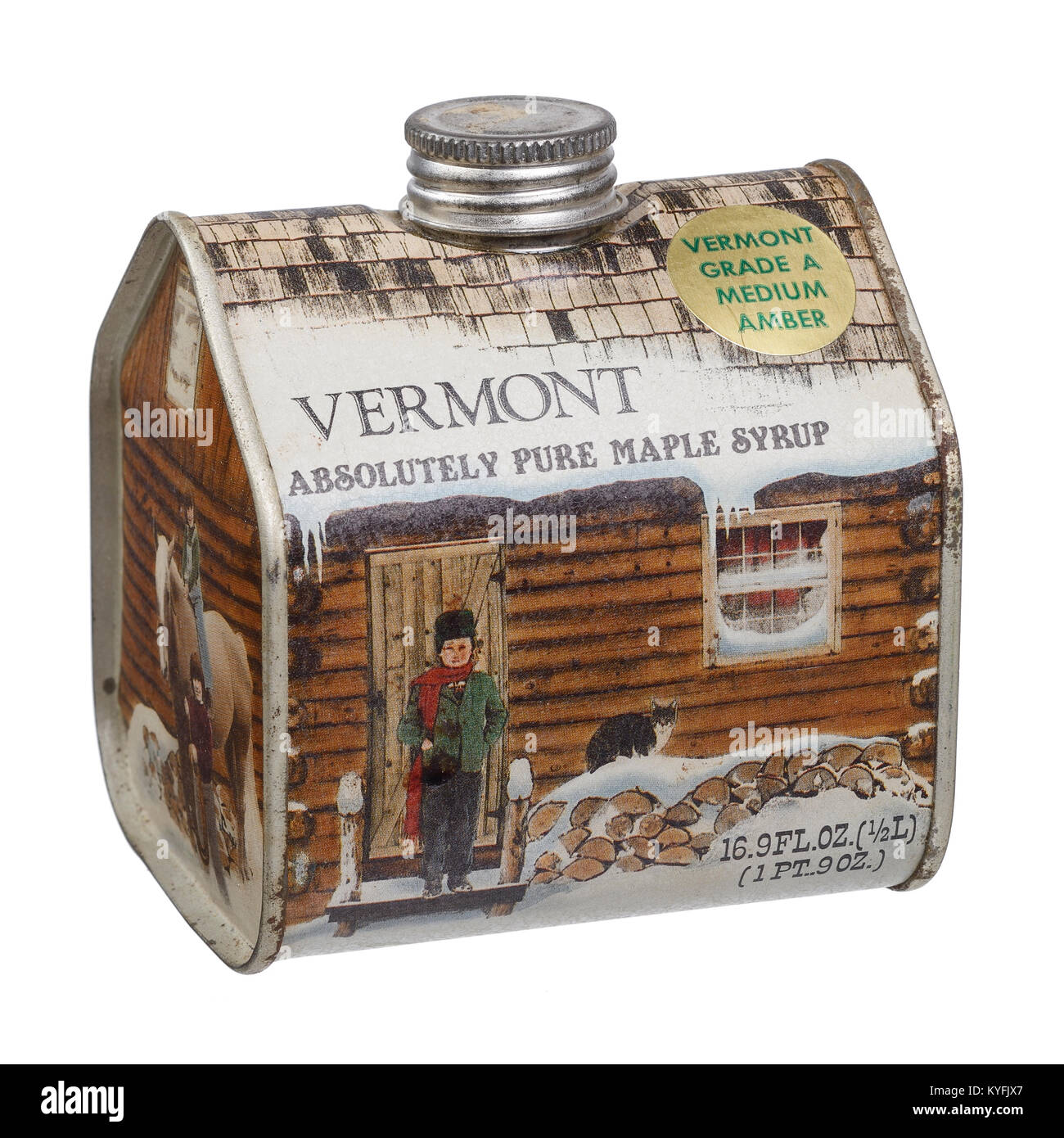 Decorative can of Vermont pure maple syrup Stock Photo