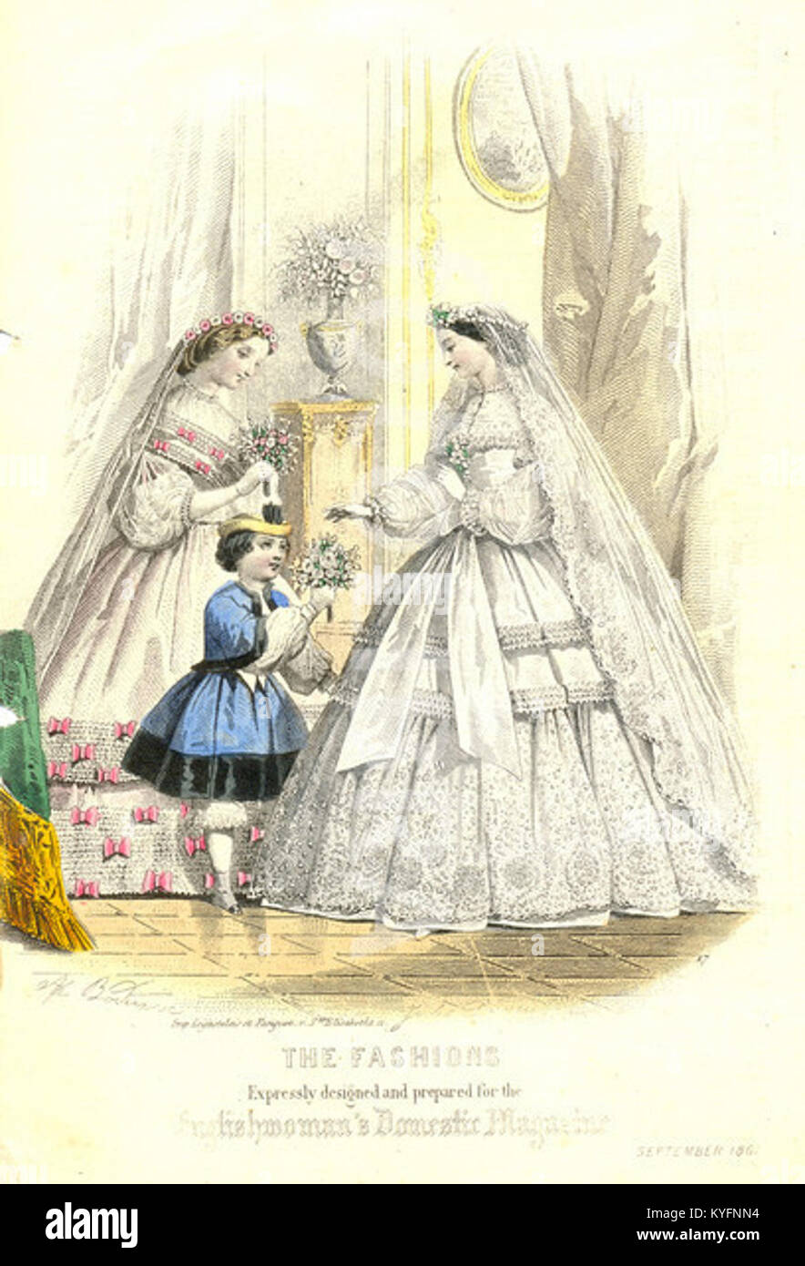 Wedding Dress fashion plate for the Englishwoman's Domestic Magazine 1861 Stock Photo