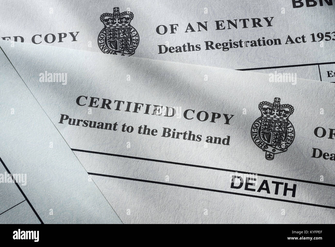 Close up detail of a UK death certificate Stock Photo