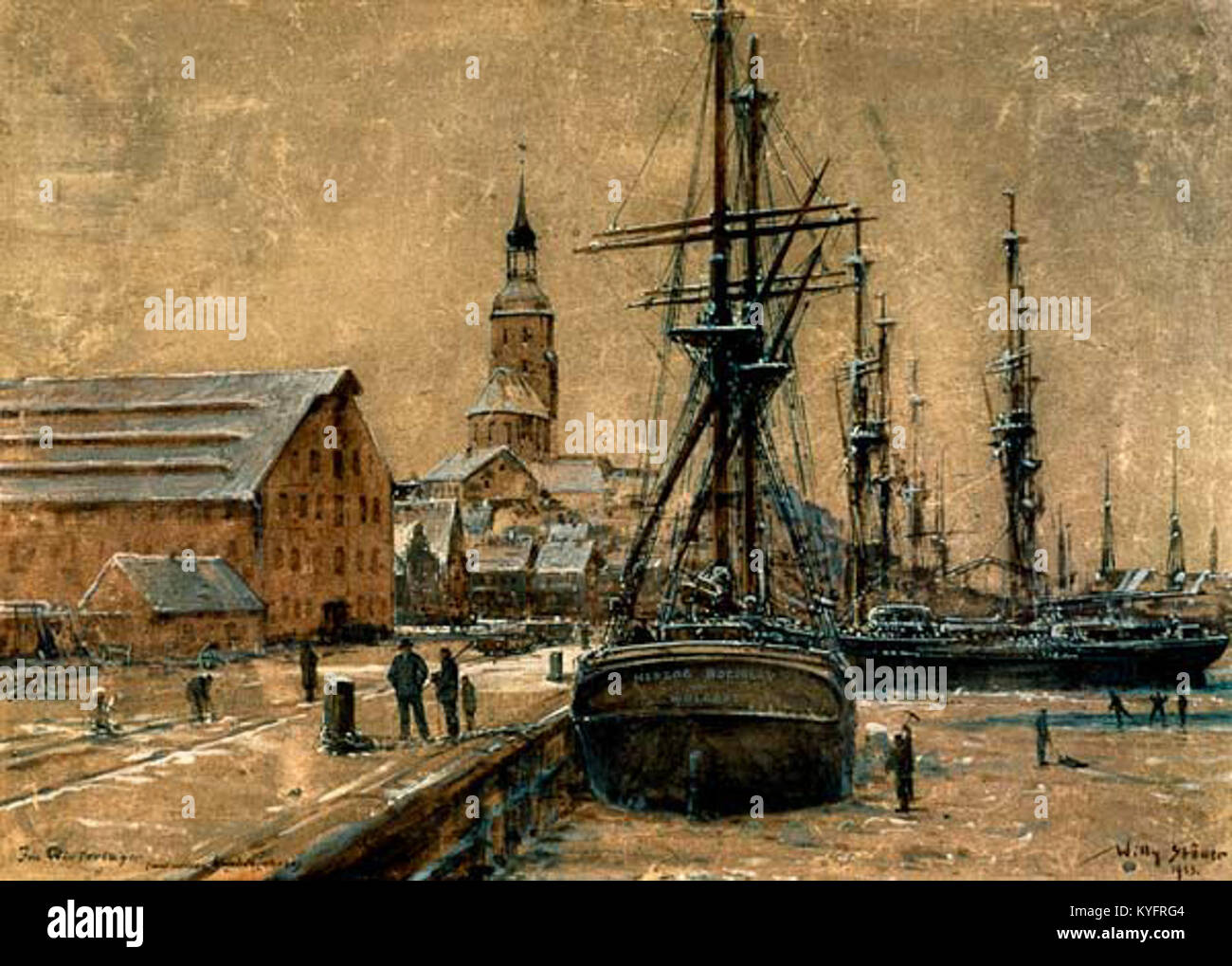 A maritime painting by Willy Stöwer depicting sailing ships in winter storage at Wolgast, showcasing the maritime industry and winter conditions. Stock Photo