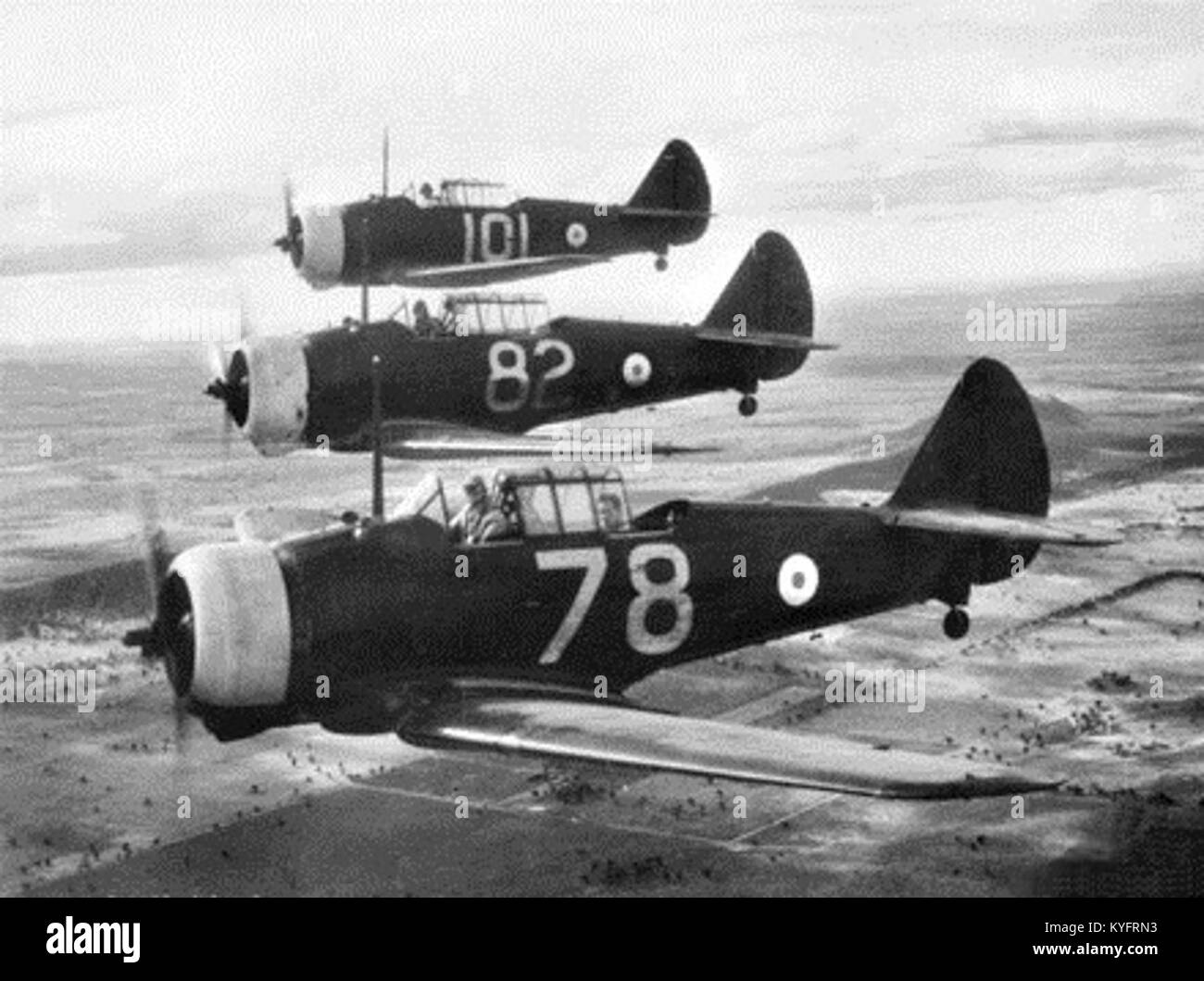 The image shows a Wirraway aircraft, part of the Australian War Memorial collection, in Wagga, Australia. The aircraft was used during World War II, illustrating its role in Australian military aviation history. Stock Photo
