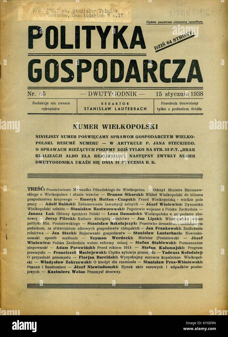 The cover of 'Polityka Gospodarcza' from January 15, 1938, highlights the Polish economic journal’s content, including economic analysis and political commentary during the pre-World War II period. Stock Photo