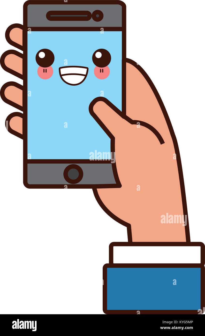 Hand With Smartphone Cute Kawaii Cartoon Stock Vector Image Art Alamy