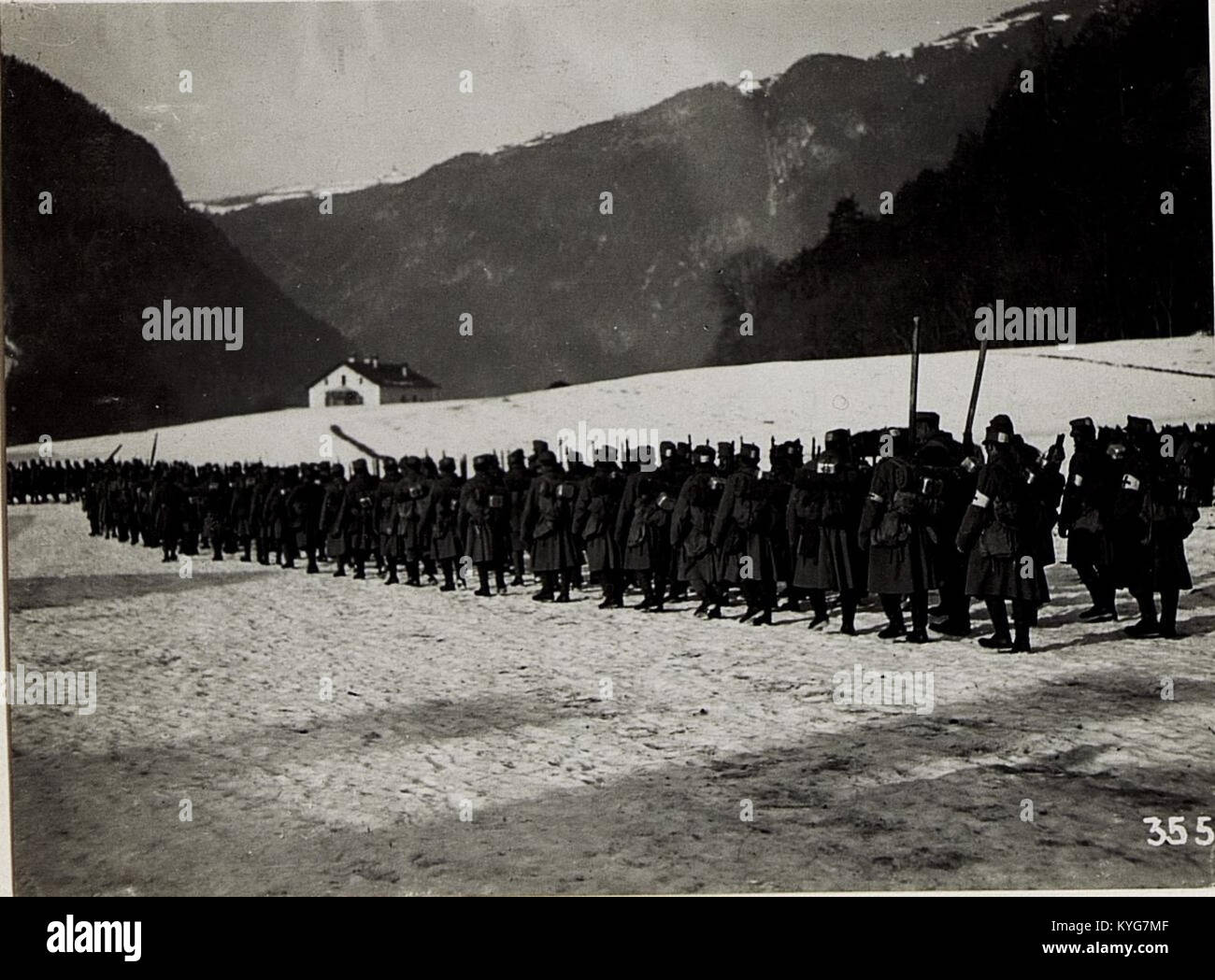 A 20th-century photograph shows the Standschützen Battalion in Enneberg ...