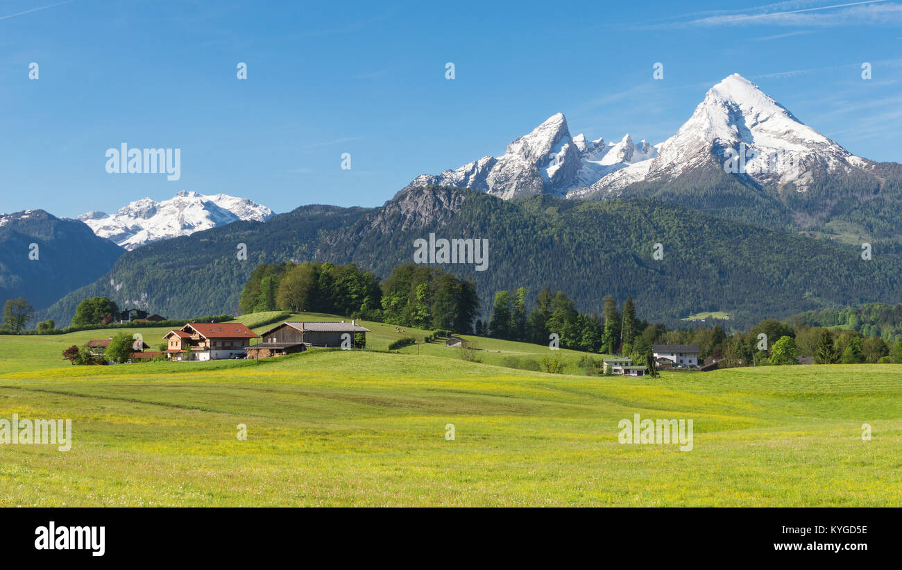 Traditional countryside Alpine spring panoramic landscape in Bavarian municipality Berchtesgaden with Watzmann mount and flowering meadow Stock Photo