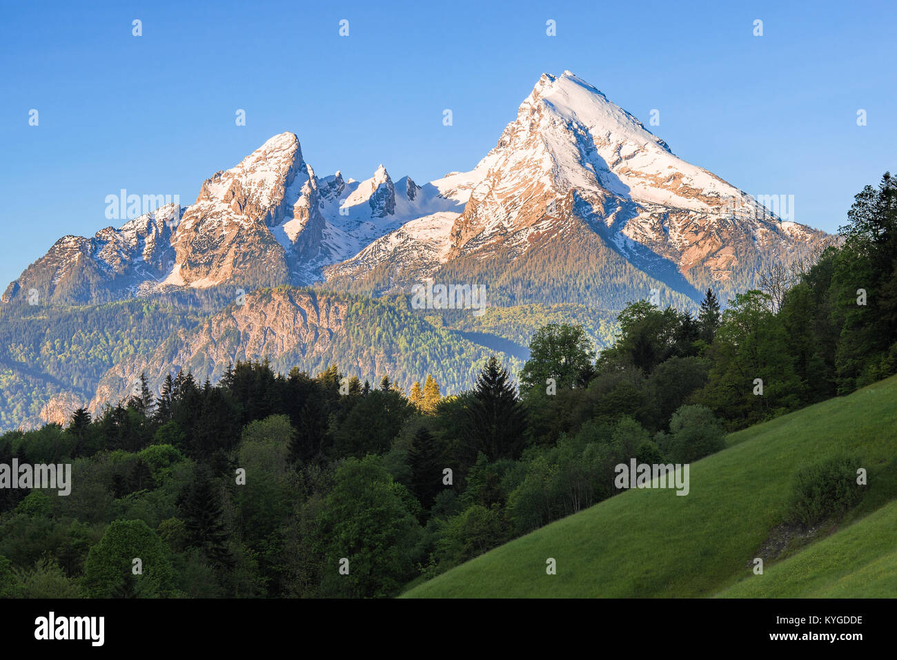 Snow-crowned peaks of Watzmann mount in famous Bavarian national park Berchtesgaden in German Alps Stock Photo