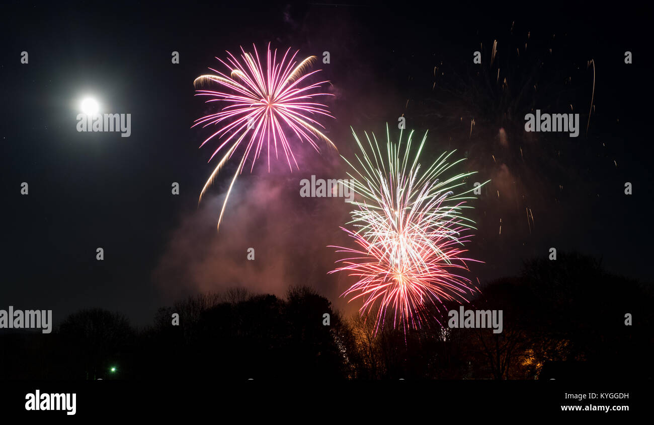 Fireworks over the Wensleydale market town of Hawes in the Yorkshire Dales National Park on bonfire Night. Stock Photo