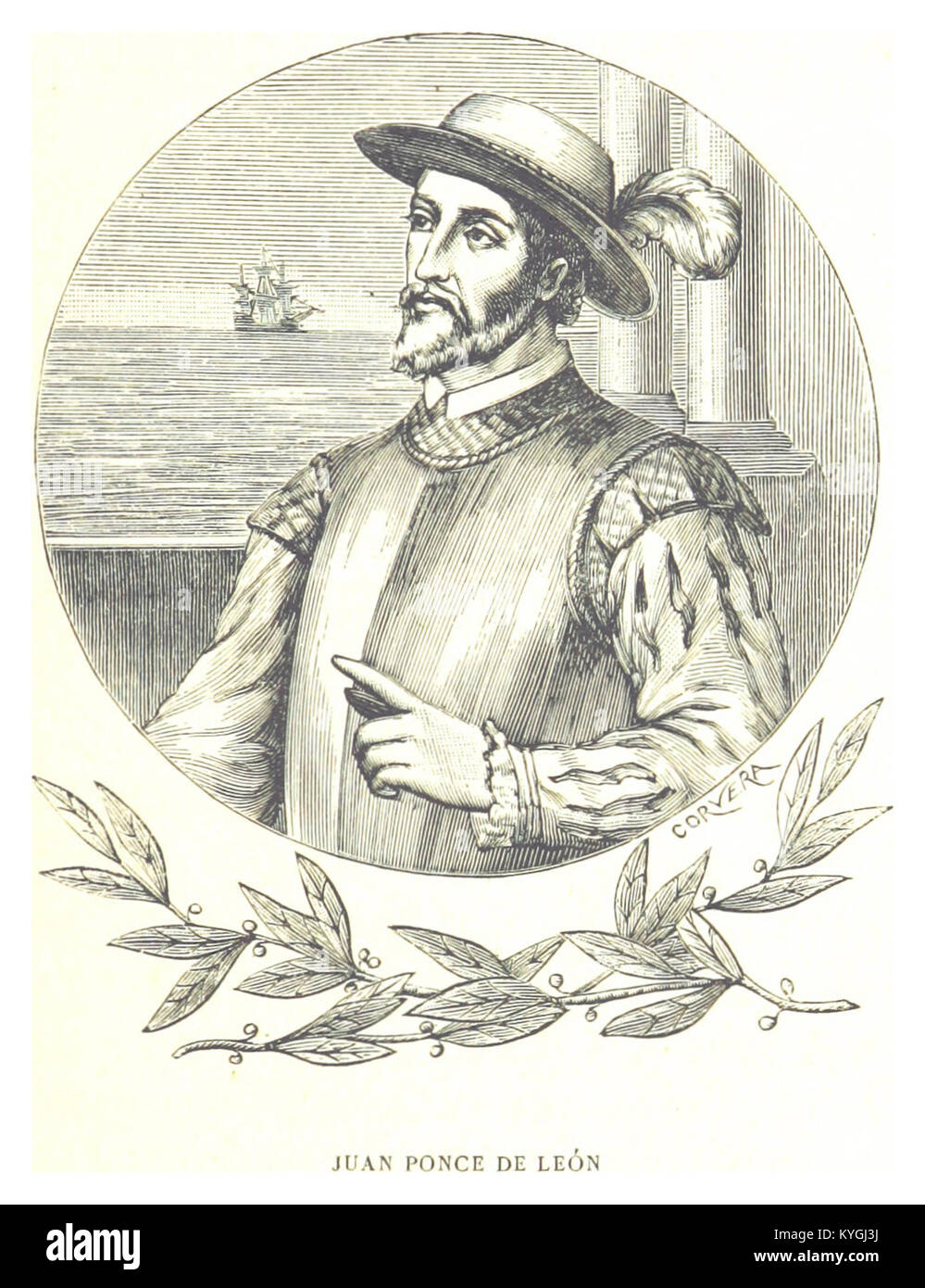 This image features a historical representation of Juan Ponce de León ...