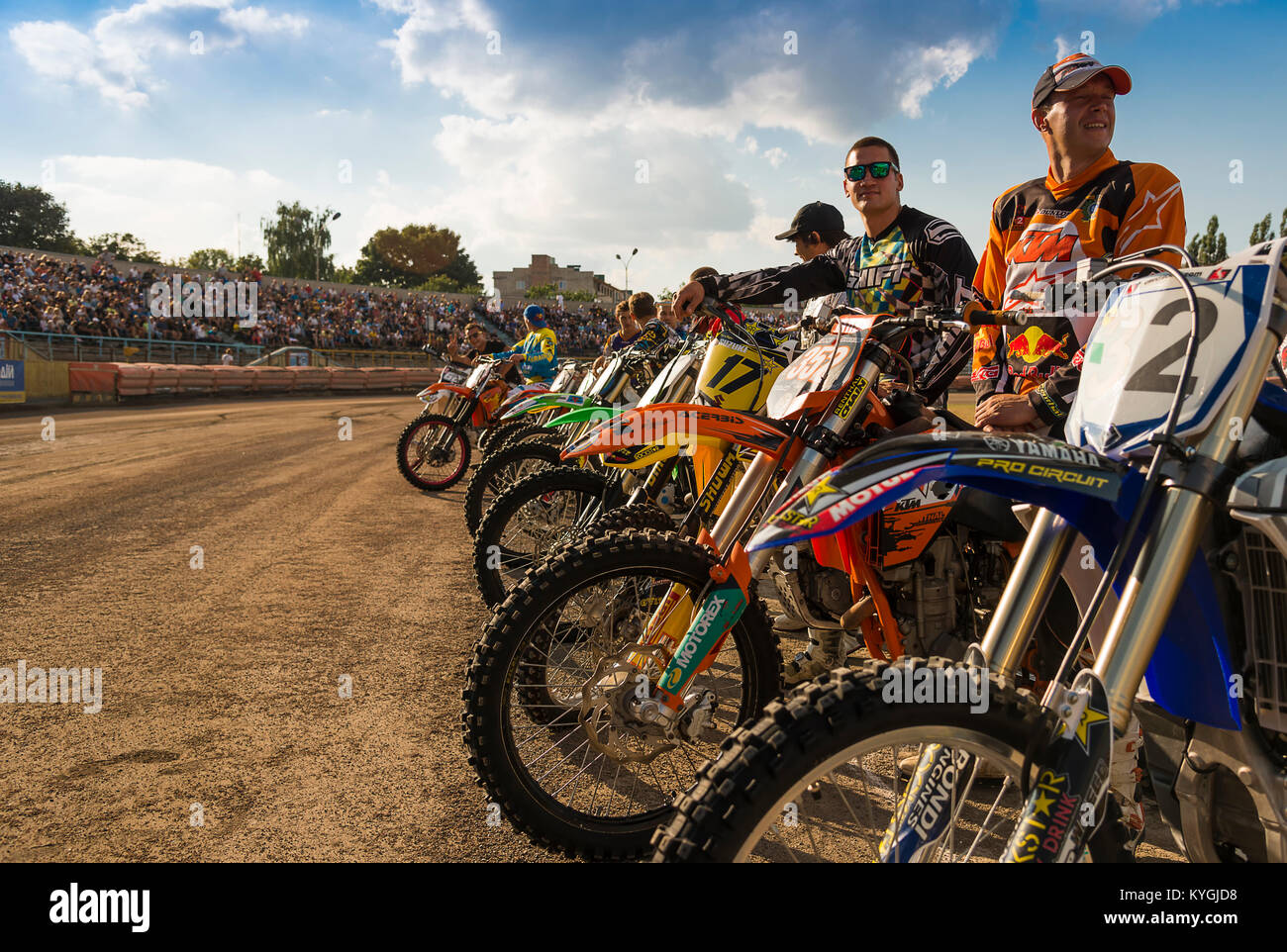 Rivne, Ukraine - 11 October 2015: Unknown riders  during a prepare for the race at the Open Cup Speedway to the day of the city Rivne Stock Photo