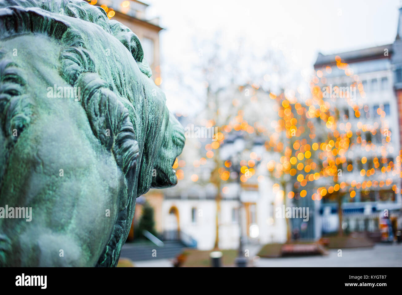 Bronze lion sculpture in front of the Hotel de Ville at night, Luxembourg City Stock Photo