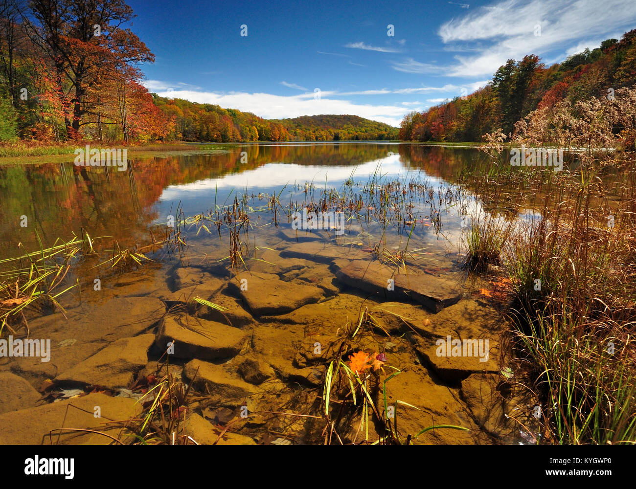 Shallow lake with reflections and rocks, Summit Lake West Virginia Stock Photo