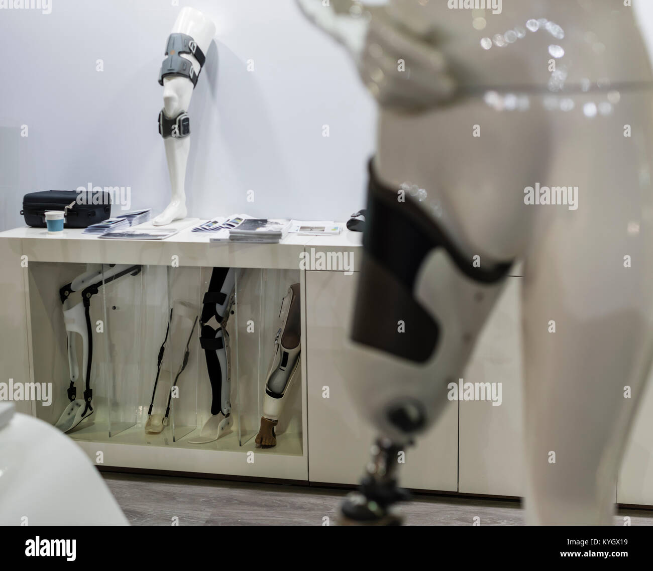 Lucerne, Switzerland - 2 Dec 2017: A variety of leg braces and prostheses shown at an exhibition booth during Swiss Handicap fair in Lucerne. Stock Photo