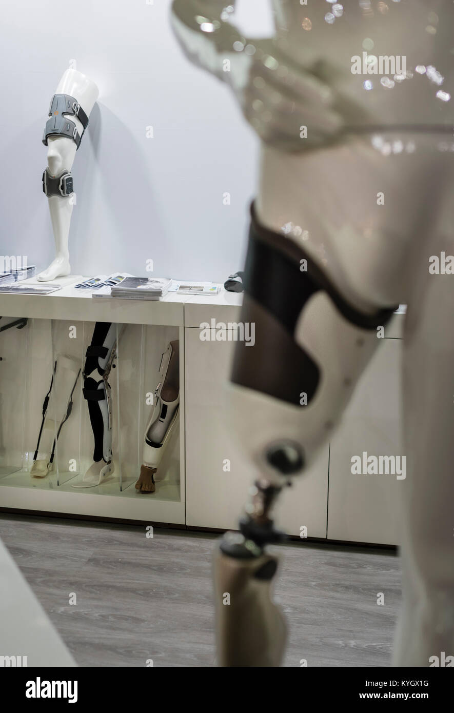 Lucerne, Switzerland - 2 Dec 2017: A variety of leg braces and prostheses shown at an exhibition booth during Swiss Handicap fair in Lucerne. Stock Photo