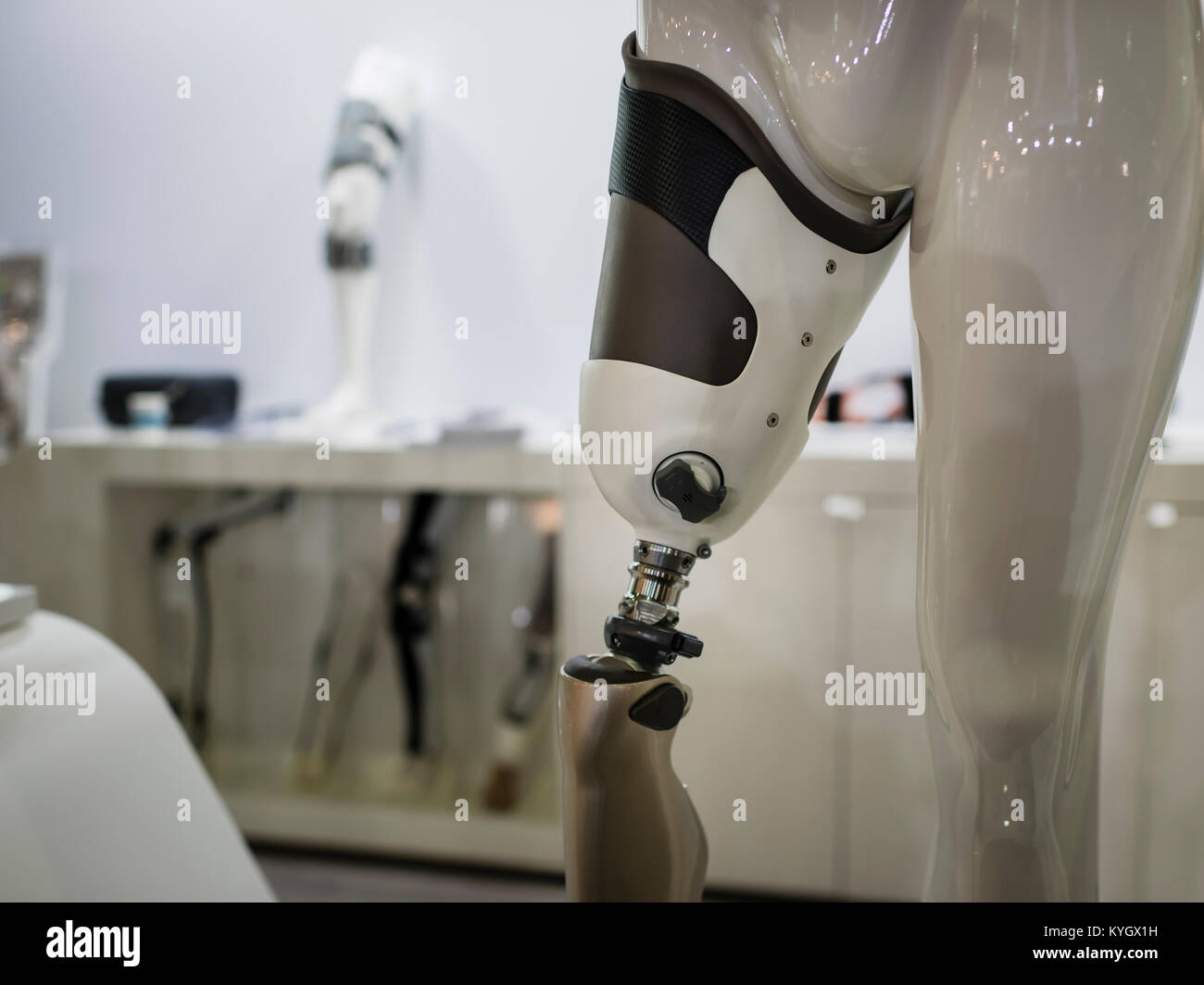 Lucerne, Switzerland - 2 Dec 2017: A variety of leg braces and prostheses shown at an exhibition booth during Swiss Handicap fair in Lucerne. Stock Photo