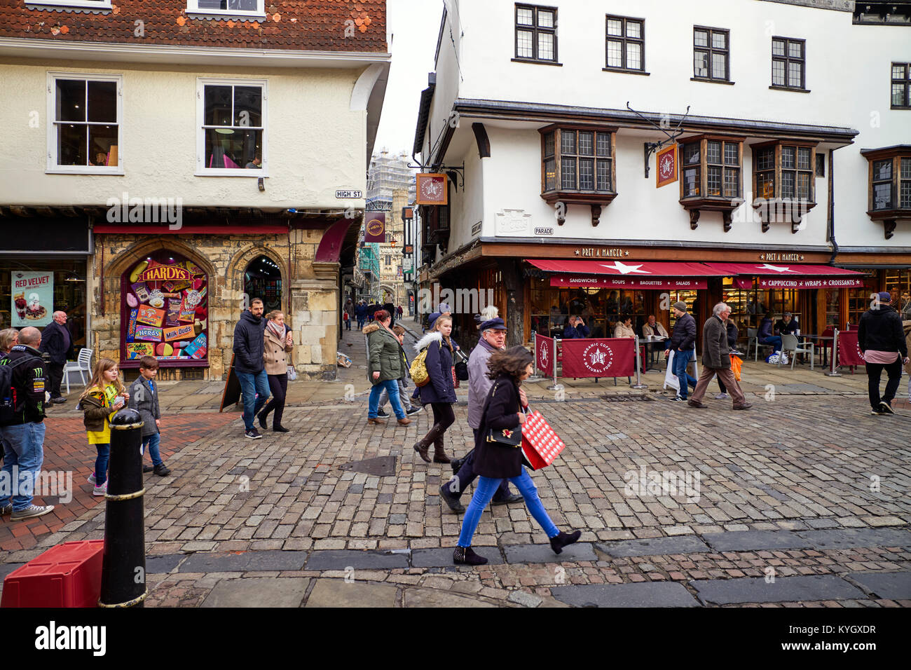 The High Street and Parade in Canterbury with Saturday shoppers in foreground and the Catherdral in the distance Stock Photo