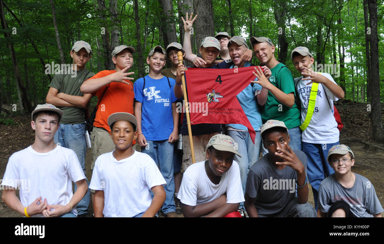 Campers Of The 4h Kentucky Guard Youth Camp Show Off Their Platoon Flag At Lake Cumberland In Nancy Ky Photo By Staff Sgt Michael J Oliver Kentucky Guard Public Affairs Office Stock