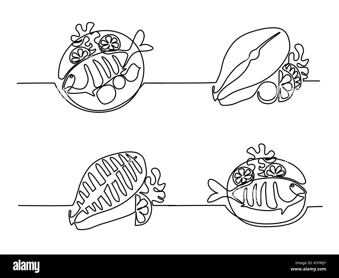 Set grilled fish on plate with lemon and potato. Stock Vector