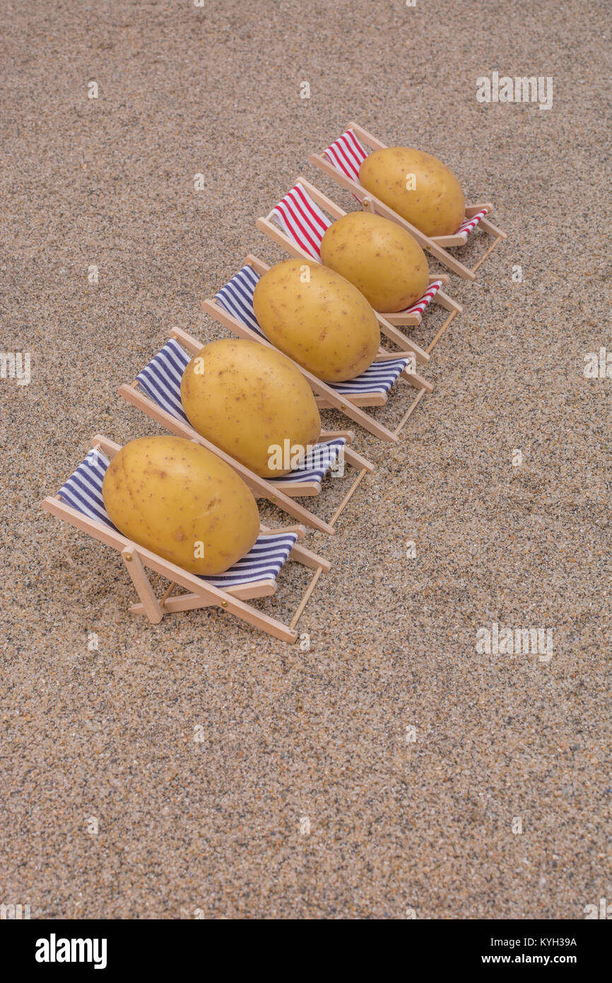 New potatoes on toy deckchairs on sand as visual metaphor for concept