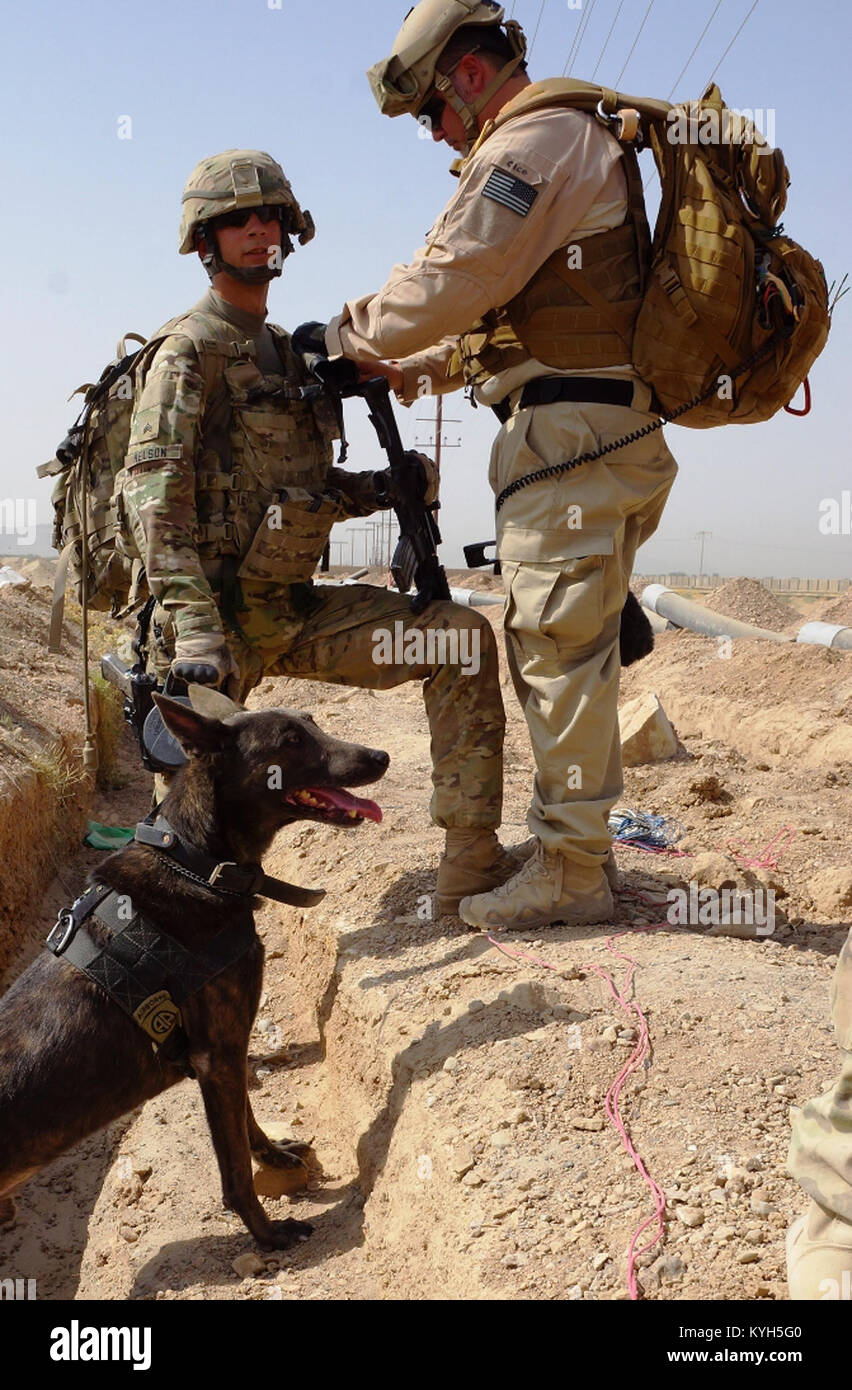 Sgt. Charles Nelson [left], a 27-year-old military working dog handler from Ahoskie, N.C. is outfitted with a microphone by the television network Animal Planet and Ten100 Production Company’s Cico Silva [right] as his MWD partner Zzack looks up with curiosity. The MWD team accompanied Kentucky’s Agribusiness Development Team 4 during their mission in southern Afghanistan on July 11, 2012 to help guard against any potential unseen threats to Coalition Forces, while the film crew gathered footage documenting MWD teams on mission. (U.S. Army photo by Staff Sgt. Paul Evans) Stock Photo