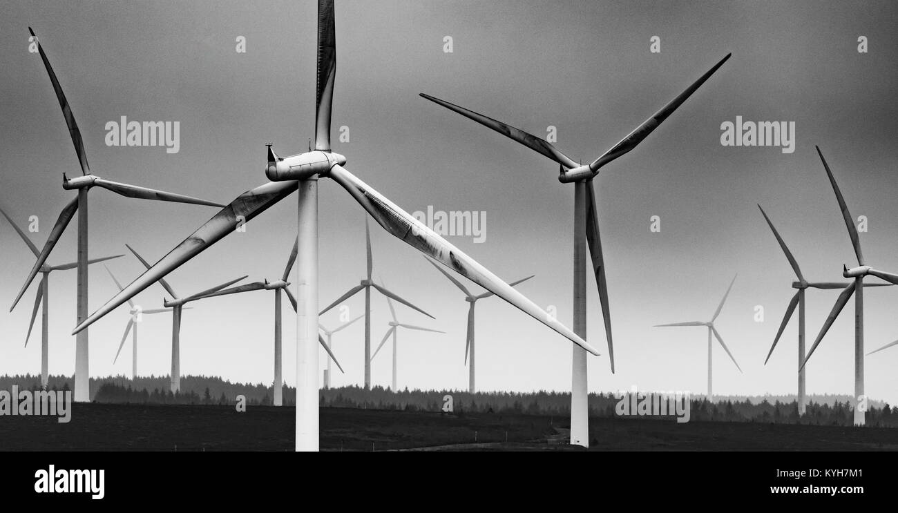 View of wind turbines at Whitelee Windfarm in East Renfrewshire operated by Scottish power, Scotland, United Kingdom Stock Photo