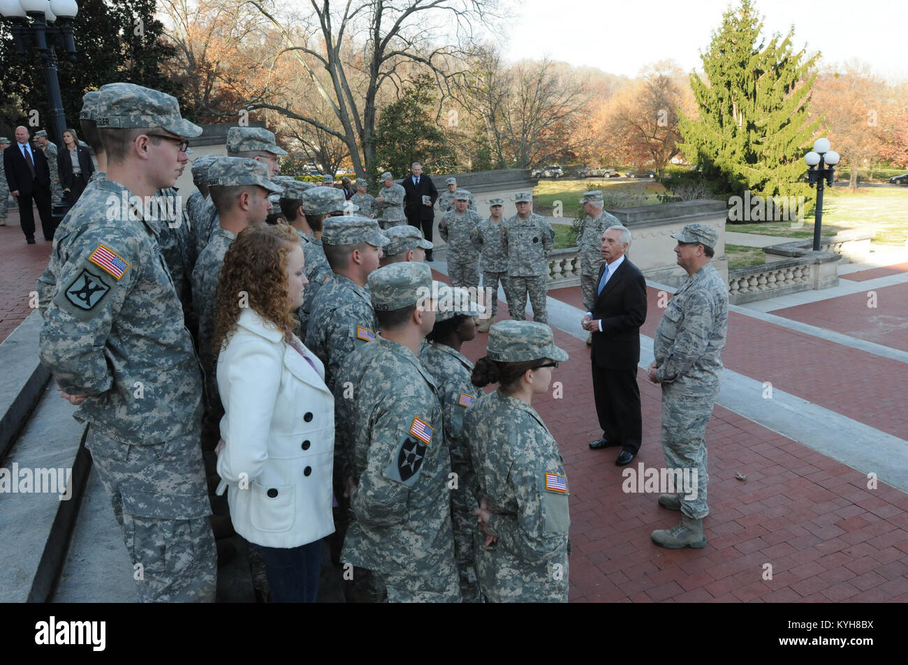 Kentucky Governor, Steve Beshear and the Adjutant General, Maj. Gen. Edward W. Tonini, speak to new Kentucky Guard recruits on the steps of the State Capitol in Frankfort, Ky., Nov. 20, 2012. (Kentucky National Guard photo by Sgt. Scott Raymond) Stock Photo