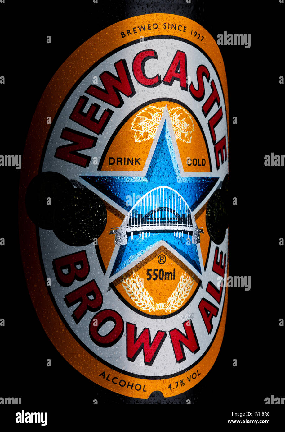 LONDON, UK JANUARY 10, 2018 Bottle label of Newcastle Brown craft