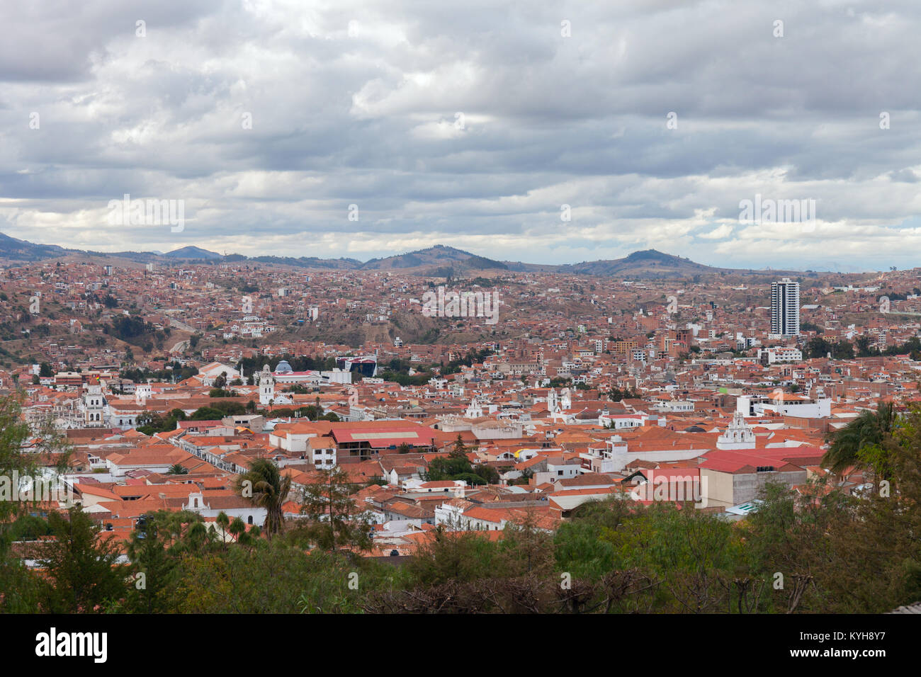 Historic city of Sucre with an aerial view over the Cathedral tower in Bolivia, South America. stock photo Stock Photo