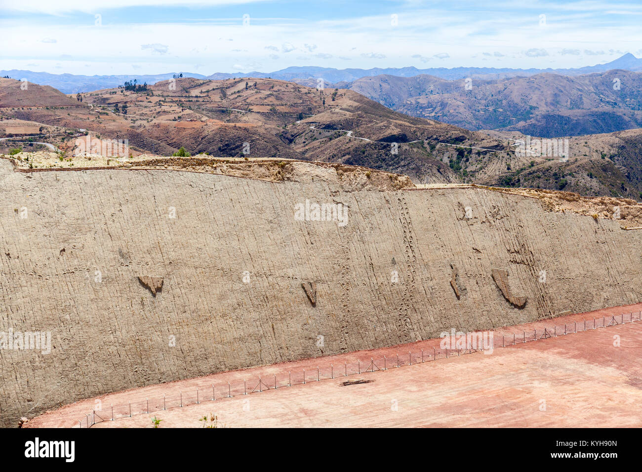 Real dinosaur footprint imprinted in the rock. Side view. Nacional Park in Sucre, Bolivia. Stock photo Stock Photo