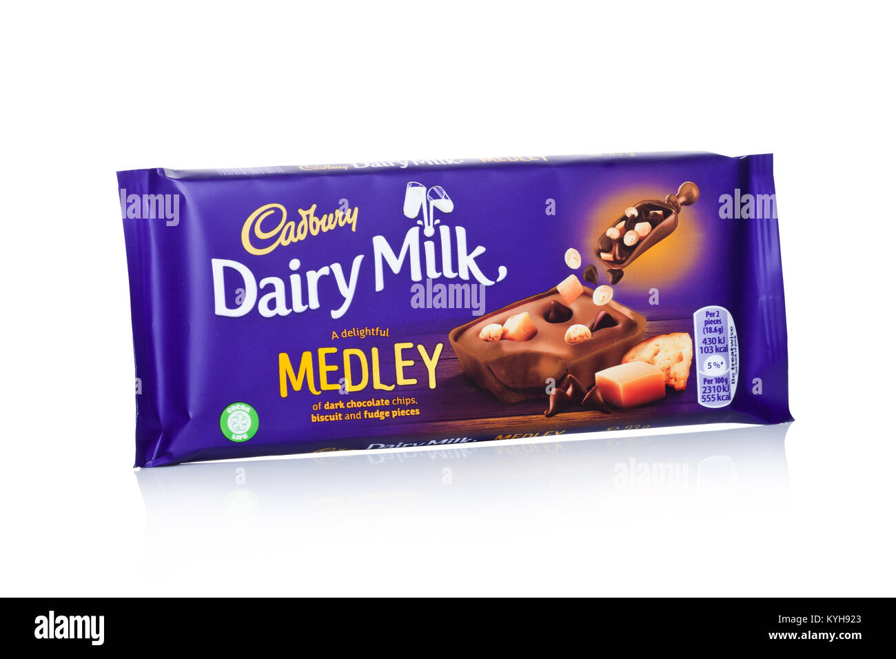 LONDON, UK - JANUARY 10, 2018: Cadbury Dairy Milk chocolate with biscuits on white background. Cadbury is British multinational confectionery company. Stock Photo