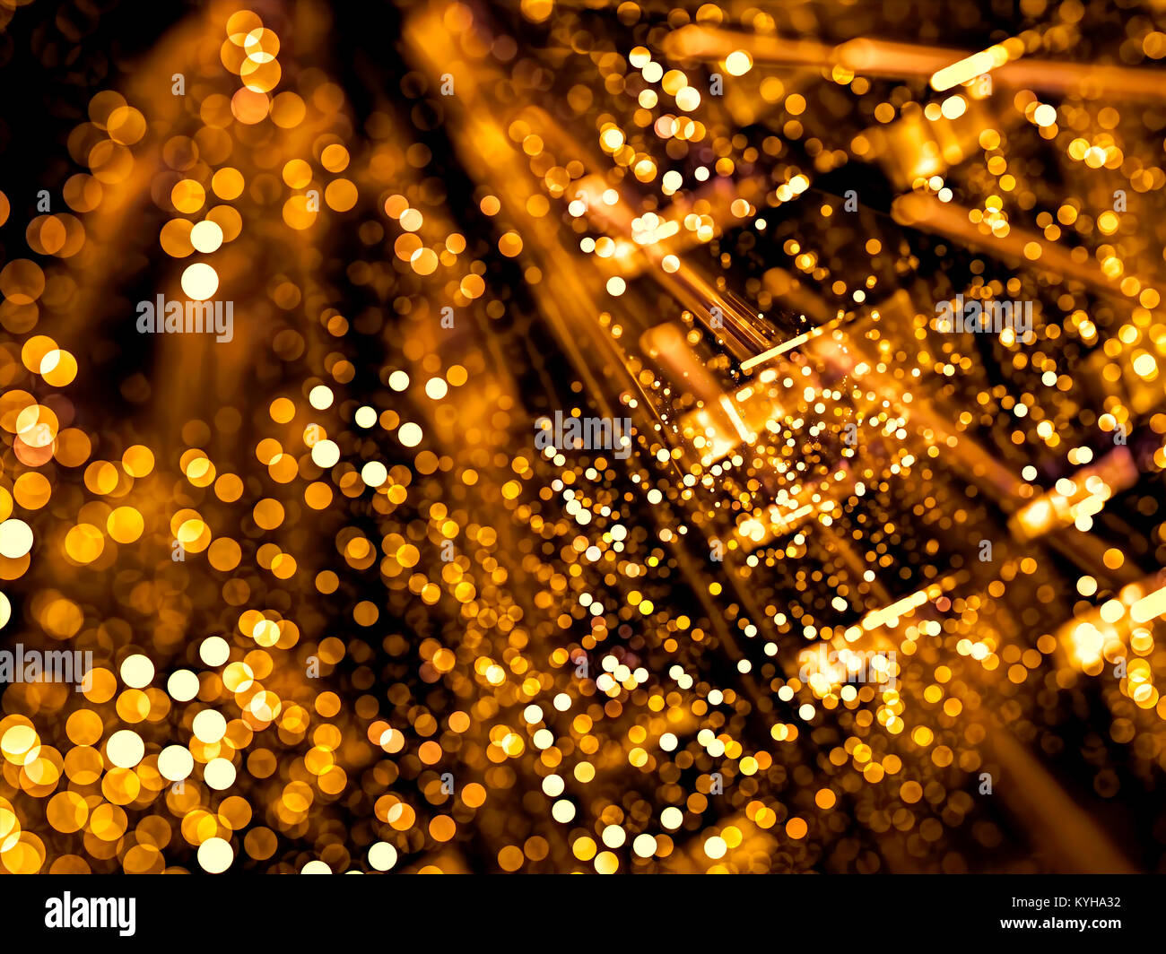 Blurred golden background - abstract computer-generated image. Tech style design with perspective and bubble bokeh. For web design, covers, posters. Stock Photo