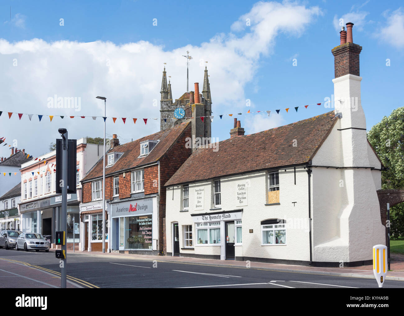 High Street showing St.Mary's Church tower, Hailsham, East Sussex, England, United Kingdom Stock Photo