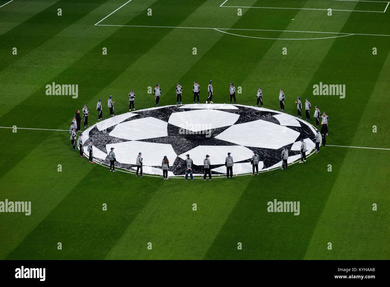 A general view of the Allianz Arena and UEFA Champions League branding  pitch side before the match Stock Photo - Alamy