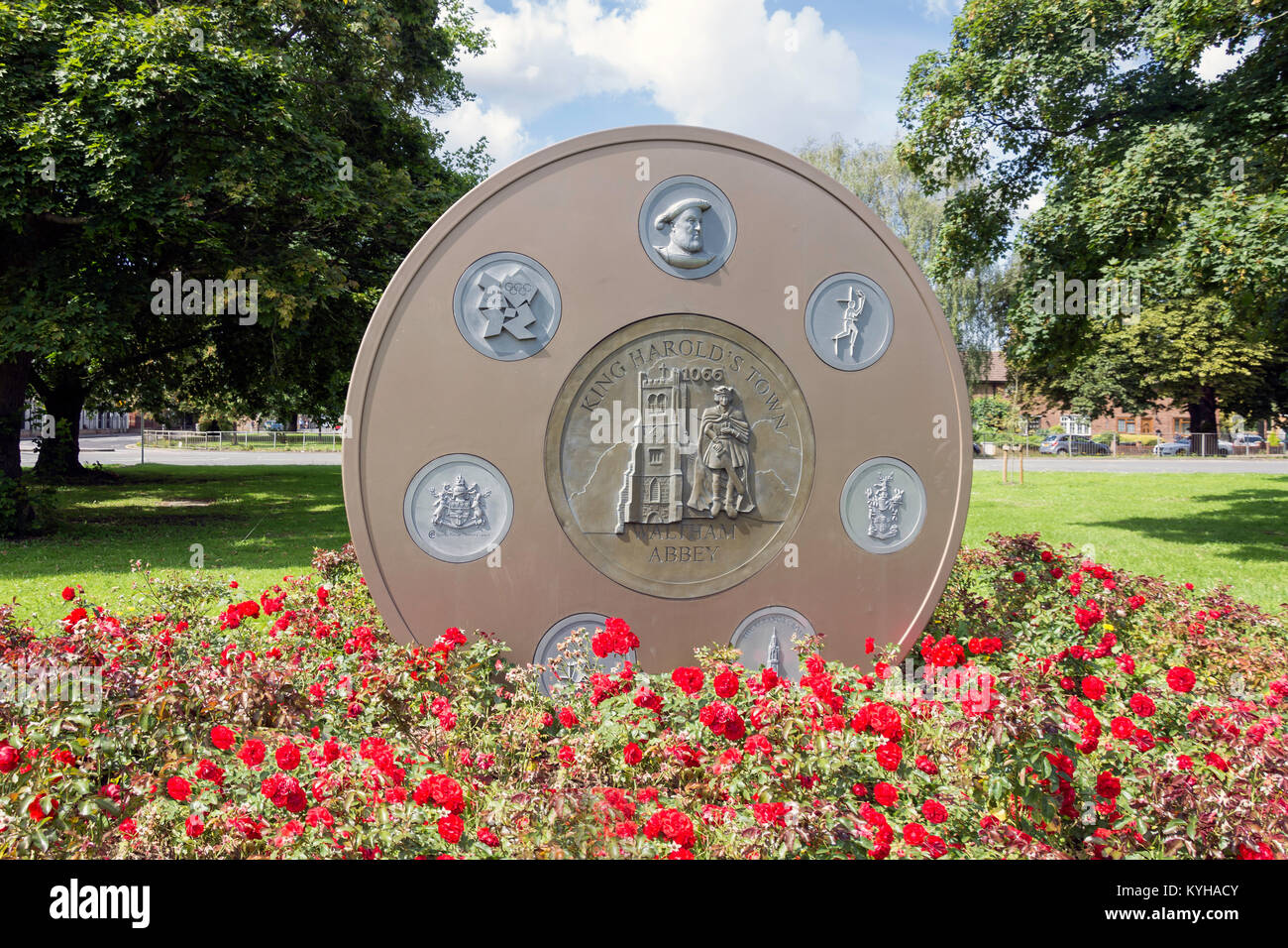 King Harold's town sign, Abbeyview, Waltham Abbey, Essex, England, United Kingdom Stock Photo