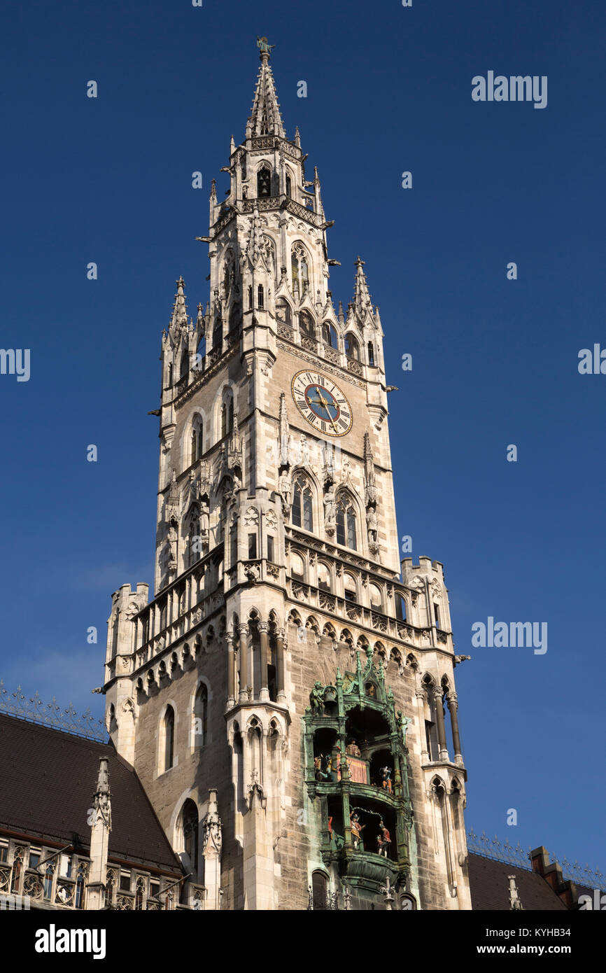 Clock tower of the New Town Hall (Neues Rathaus) in Munich, Germany. As ...