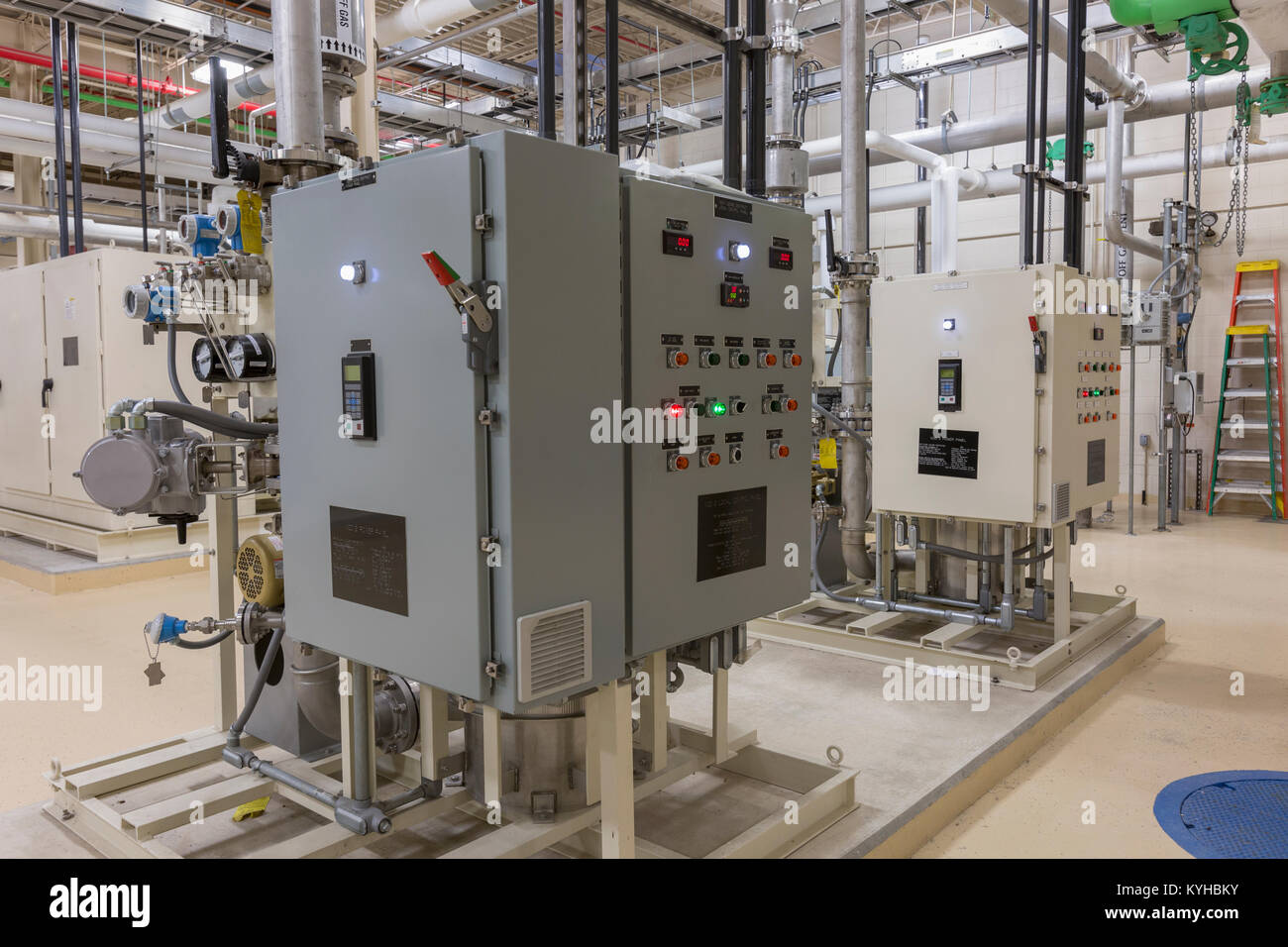 Water treatment plant chemical treatment equipment control panels Stock Photo