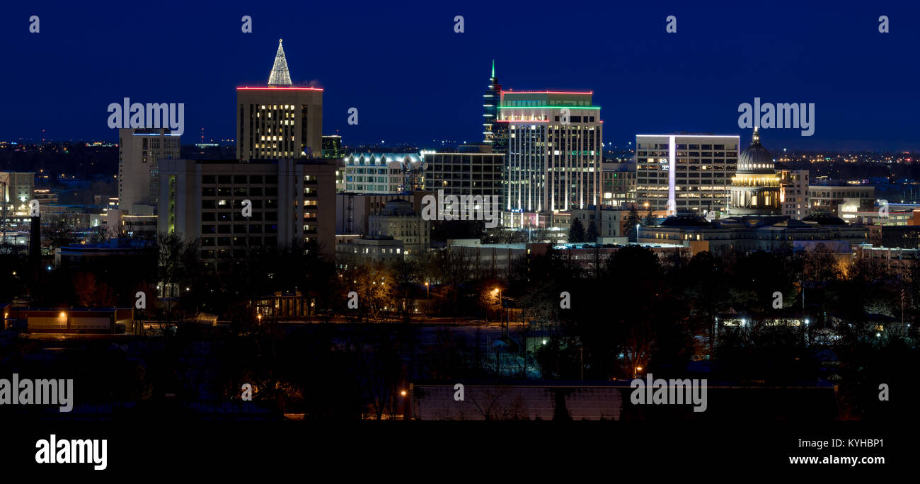 Skyline at night of the city of Boise Idaho with Christmas lights on