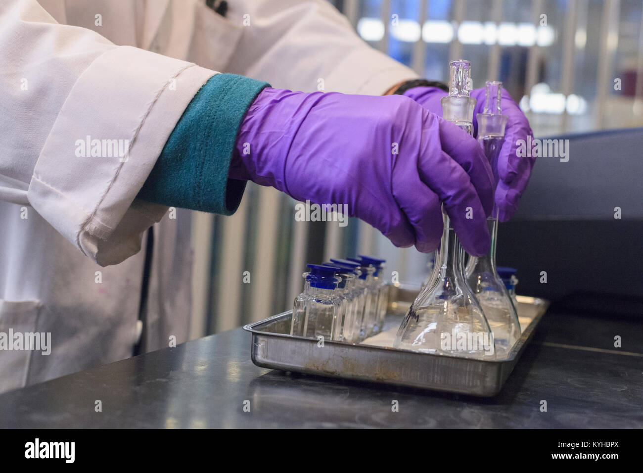 Lab technician picking up samples Stock Photo