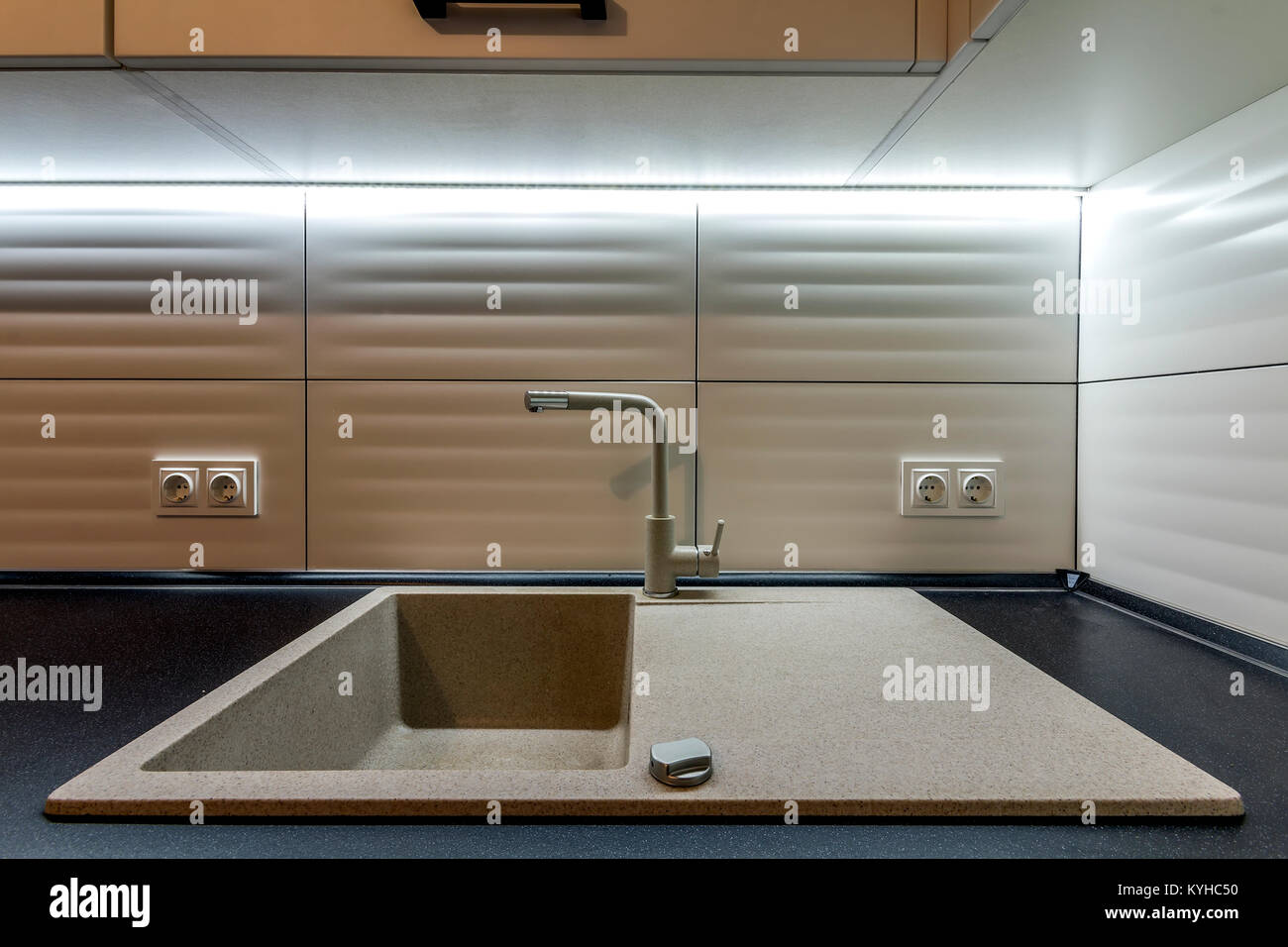 Granite Sink And Water Faucet In New Modern Kitchen Interior Stock